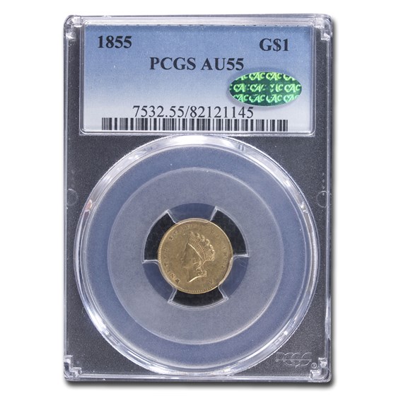 1855 $1 Indian Head Gold Type-II AU-55 PCGS CAC 1855 $1 Indian Head Gold Type-II AU-55 PCGS CAC